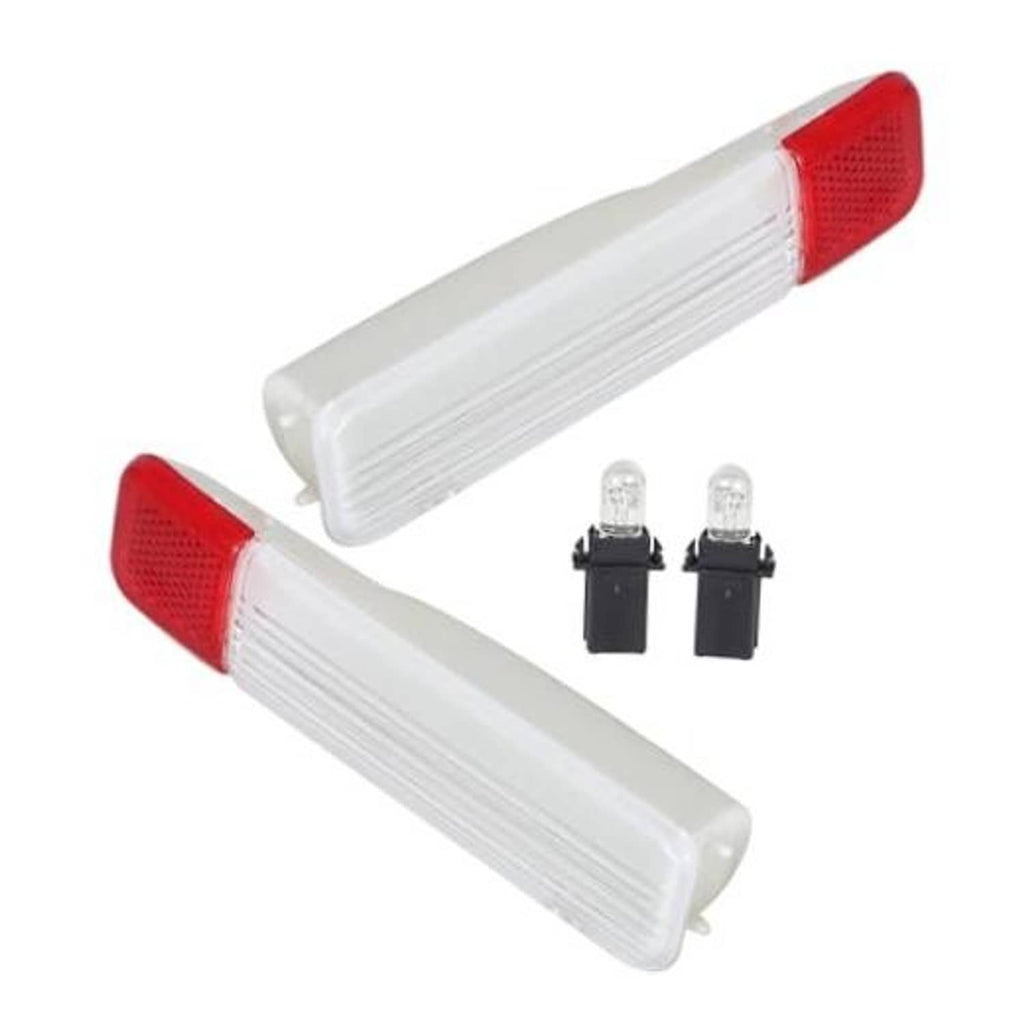 Pair of clear door reflector light panels with red end caps and mounting bulbs