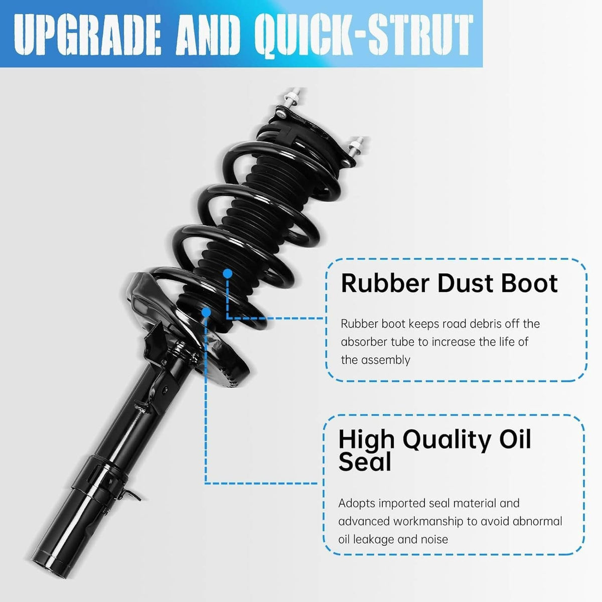 Front shock absorber strut with rubber dust boot and black coil spring