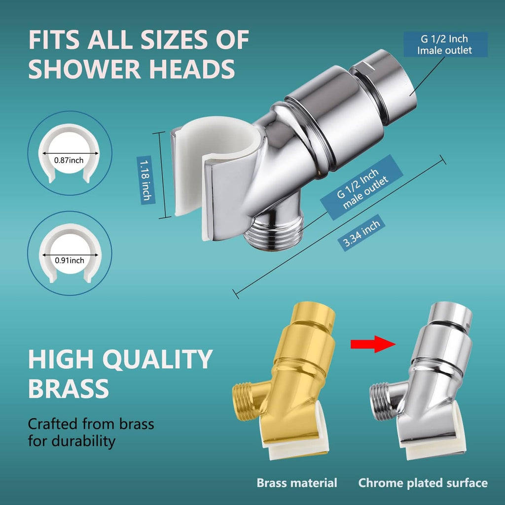 Chrome shower head holder showing adjustable joint and threaded male outlet