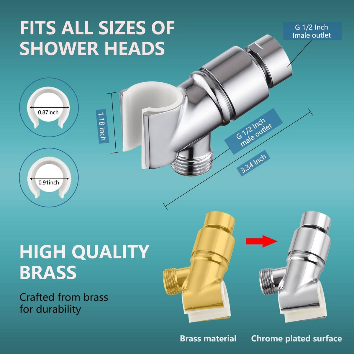 Chrome shower head holder showing adjustable joint and threaded male outlet