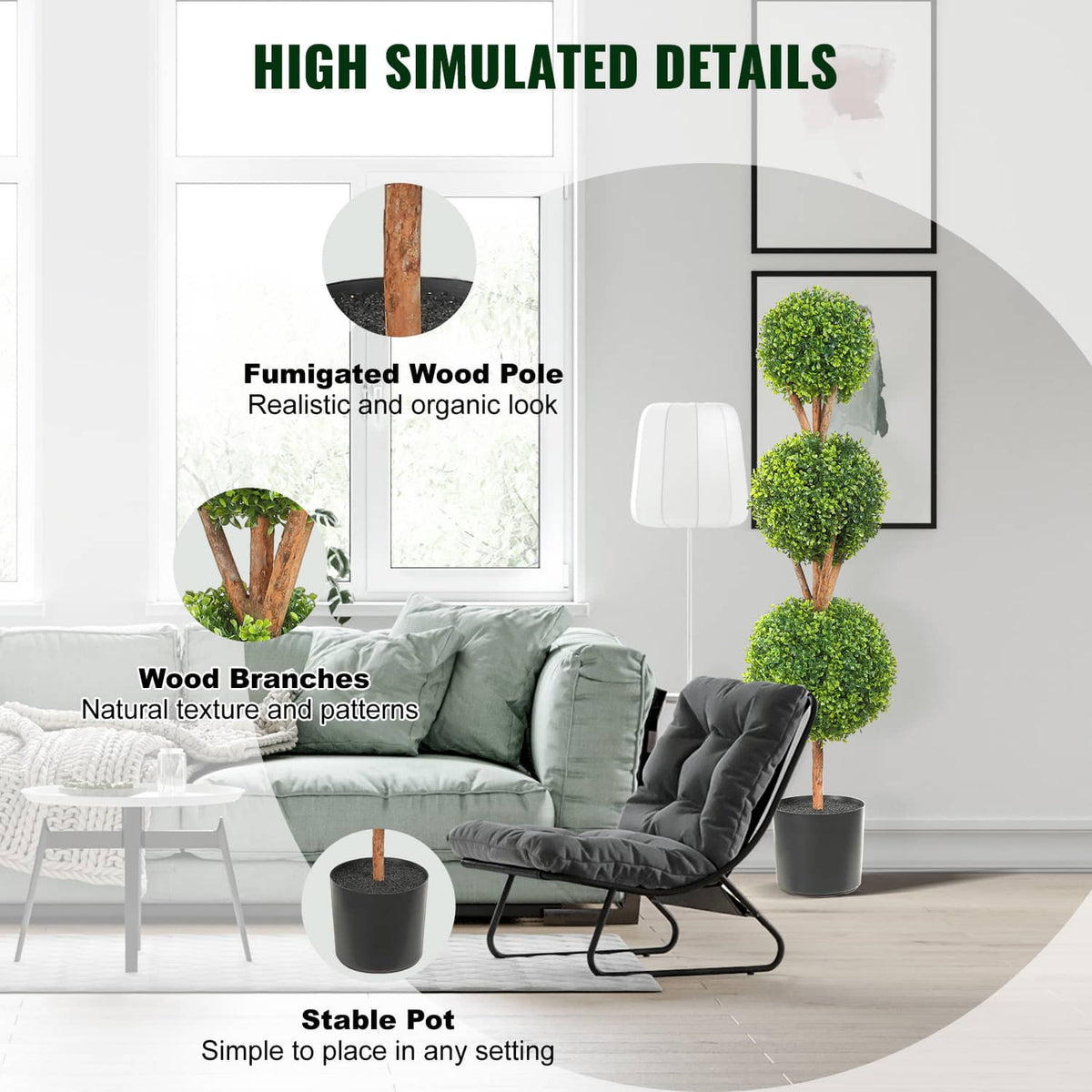 Artificial topiary tree with faux wood trunk and stacked green foliage in stable pot