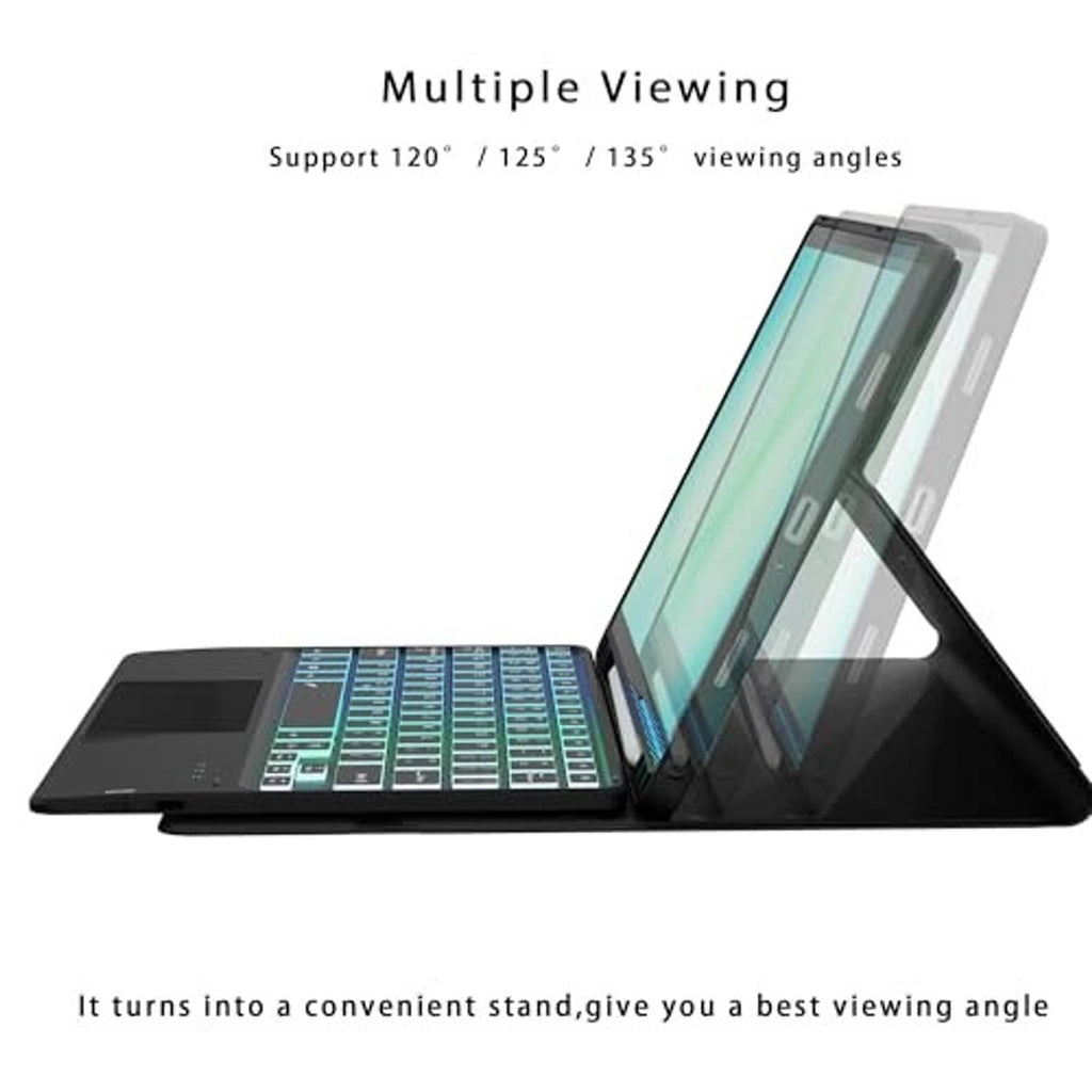 Black foldable viewing stand keyboard case with tablet propped at an angle
