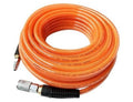 Orange coiled air hose with 3/8 in ID and metal quick-connect coupler ends