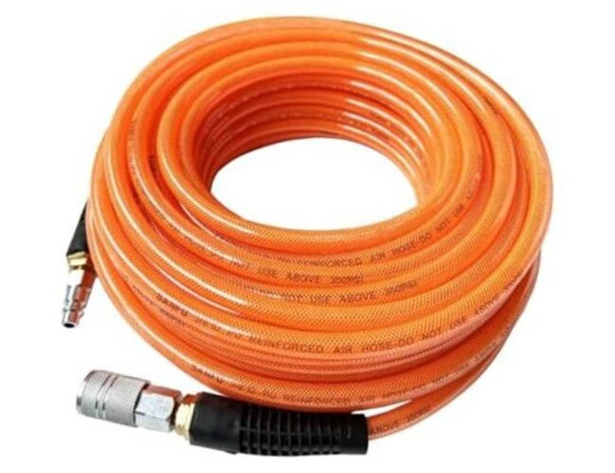 Orange coiled air hose with 3/8 in ID and metal quick-connect coupler ends