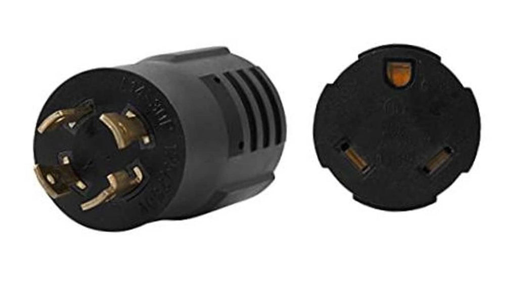 Black twist-lock adapter with L14-30P plug and TT-30R outlet, 30A capacity.