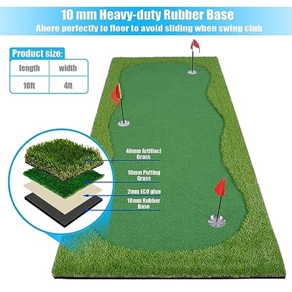 Green golf practice mat with multiple putting holes and bright red flags