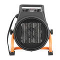 Electric greenhouse heater with front grill and orange handle legs on small stand
