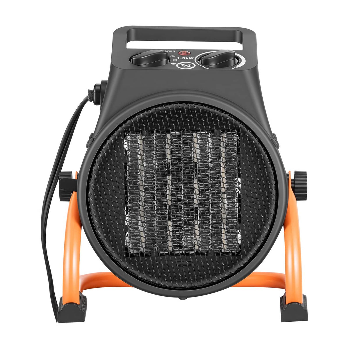 Electric greenhouse heater with front grill and orange handle legs on small stand