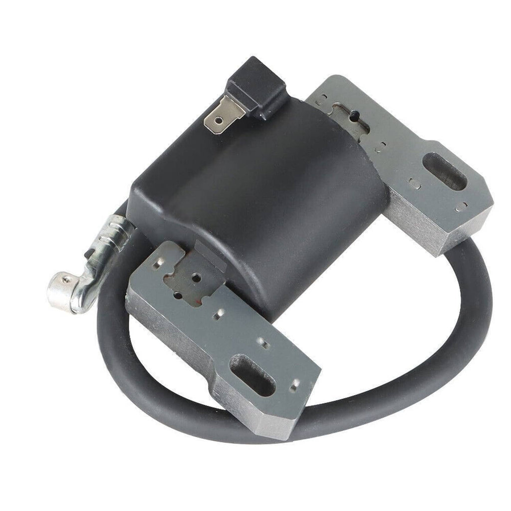 Ignition coil module with two silver mounting plates and black wire harness