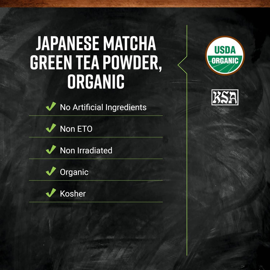 Organic Japanese matcha green tea powder pouch with USDA Organic and KSA seals