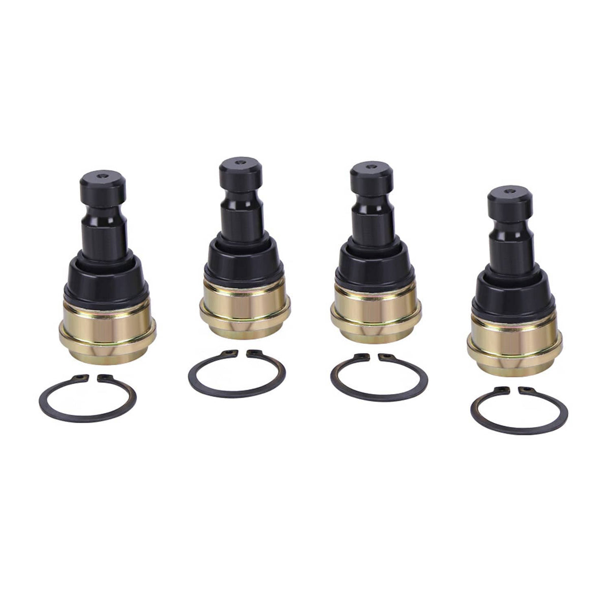 4 ball joint assemblies with black shafts, gold sleeves, and black rubber seal rings