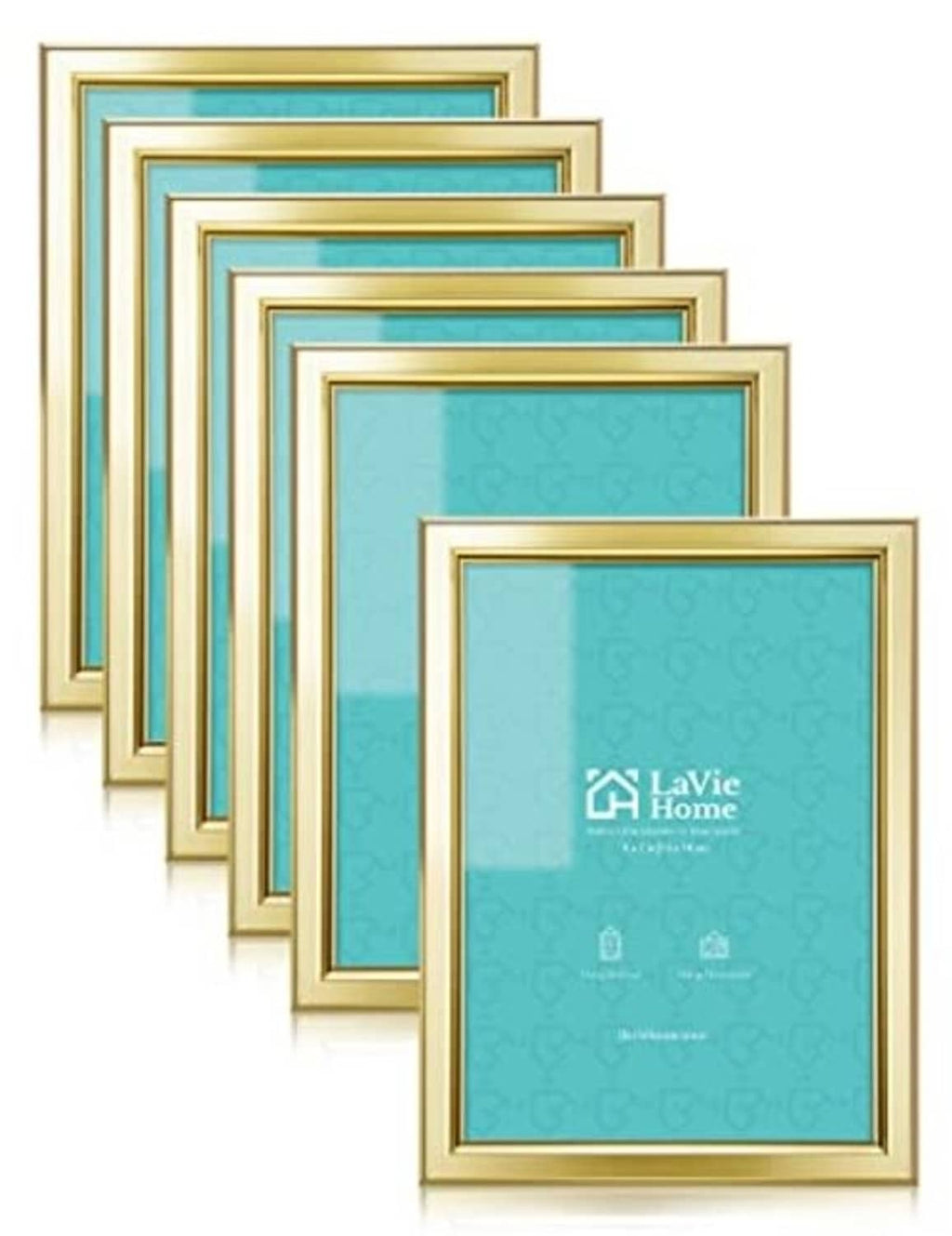 Overlapping gold photo frames with teal inserts, 5x7 size