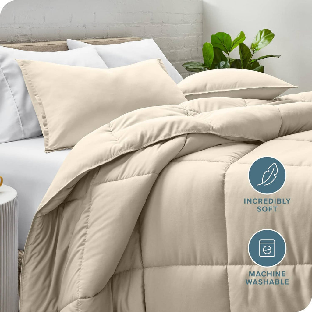 Cream down alternative comforter and pillow shams with stitched baffle channels, full size