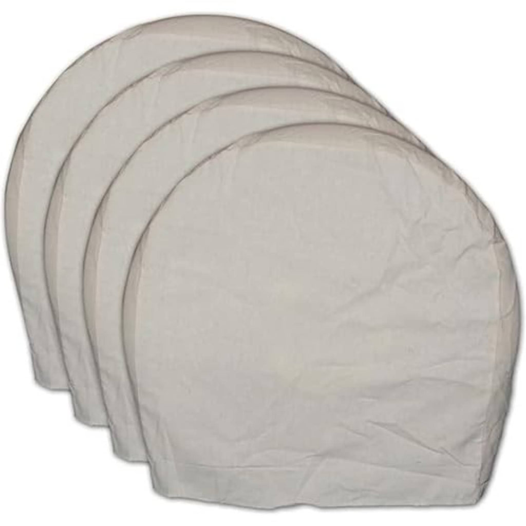 Three light gray wheel tire covers with elastic-style, curved edges