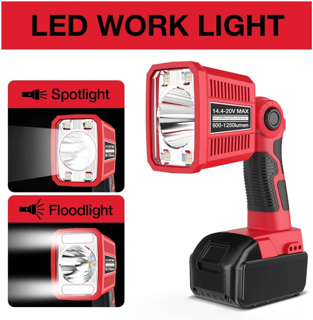 Red handheld LED work light showing spotlight and floodlight modes, 1250 lumen