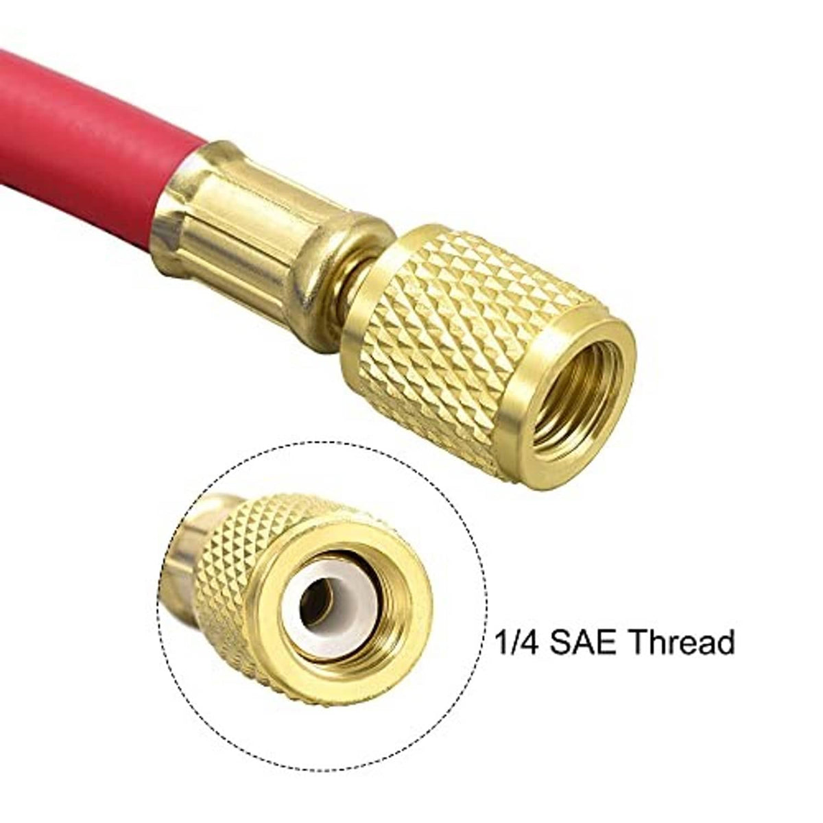 Brass 1/4 SAE flare thread fitting on red refrigerant charging hose end