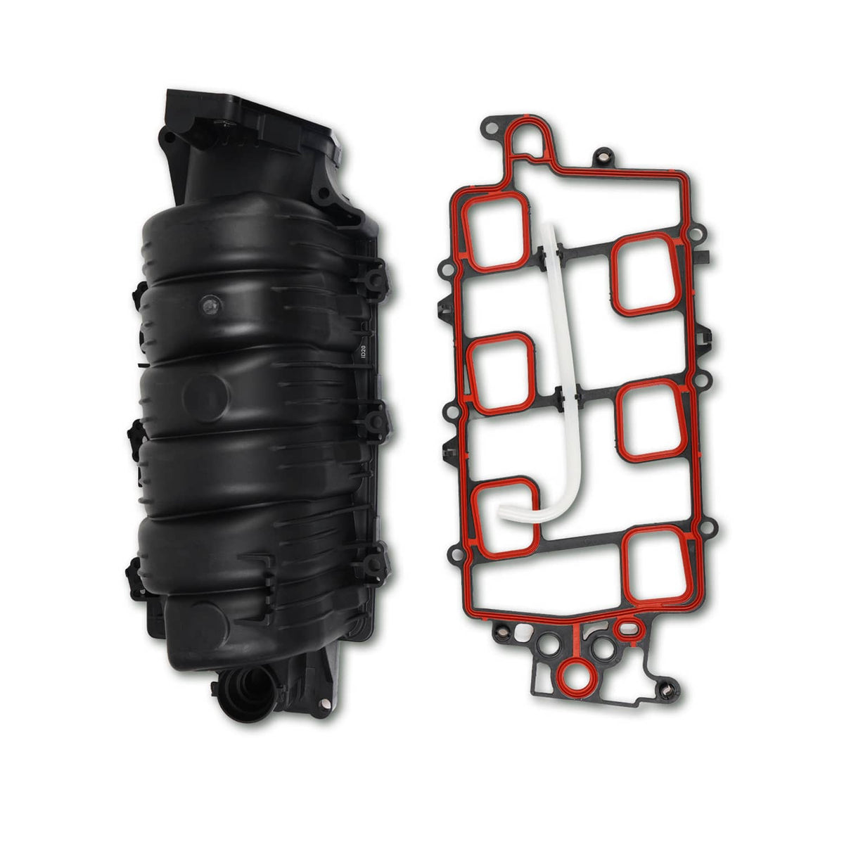 Black upper intake manifold and white gasket with red sealing borders
