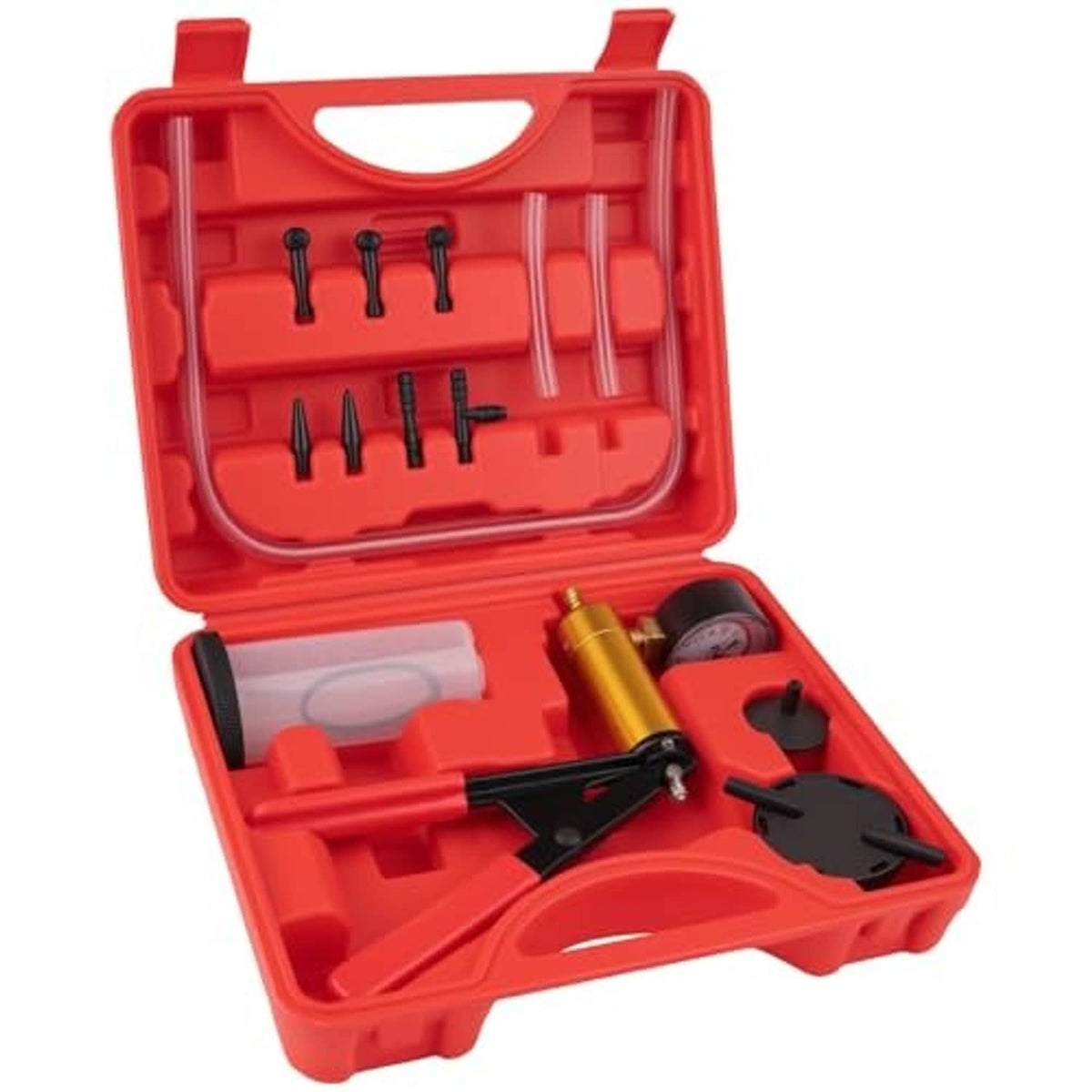 Brake bleeder vacuum pump kit with hand pump, pressure gauge, and suction accessories in case