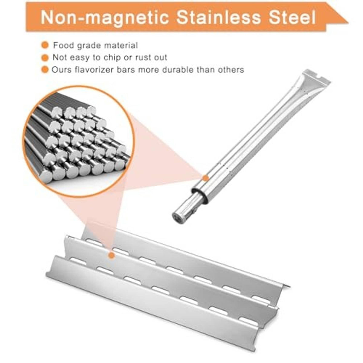 Non-magnetic stainless steel flavorizer bars and rod cooking grate replacement set