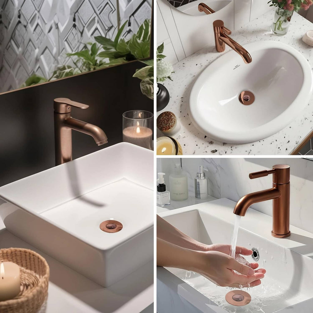 Rose gold pop-up sink drain stopper installed in a bathroom basin