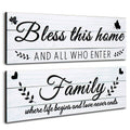 Rustic wooden wall sign reading “Bless this home” with butterflies and “And all who enter”