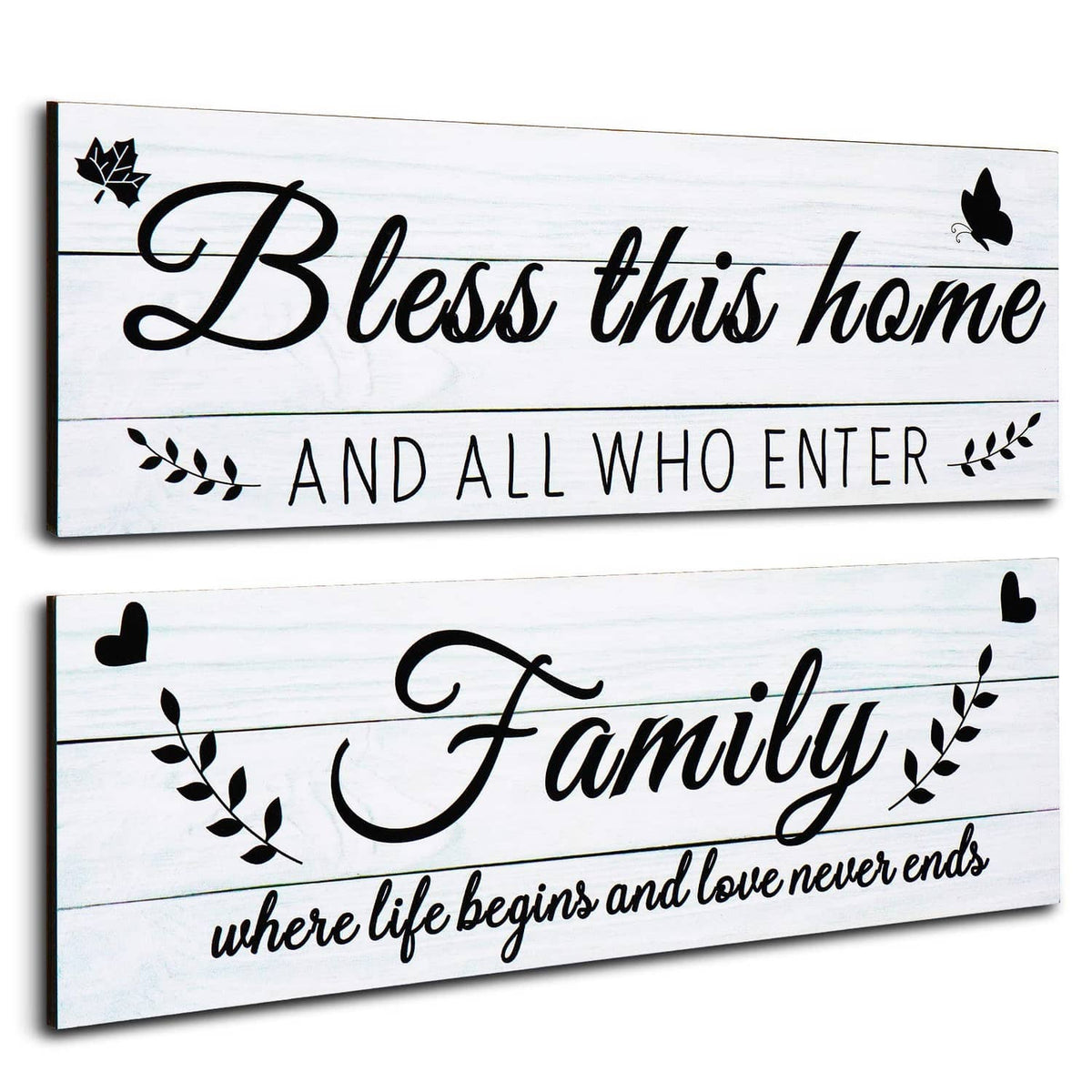 Rustic wooden wall sign reading “Bless this home” with butterflies and “And all who enter”