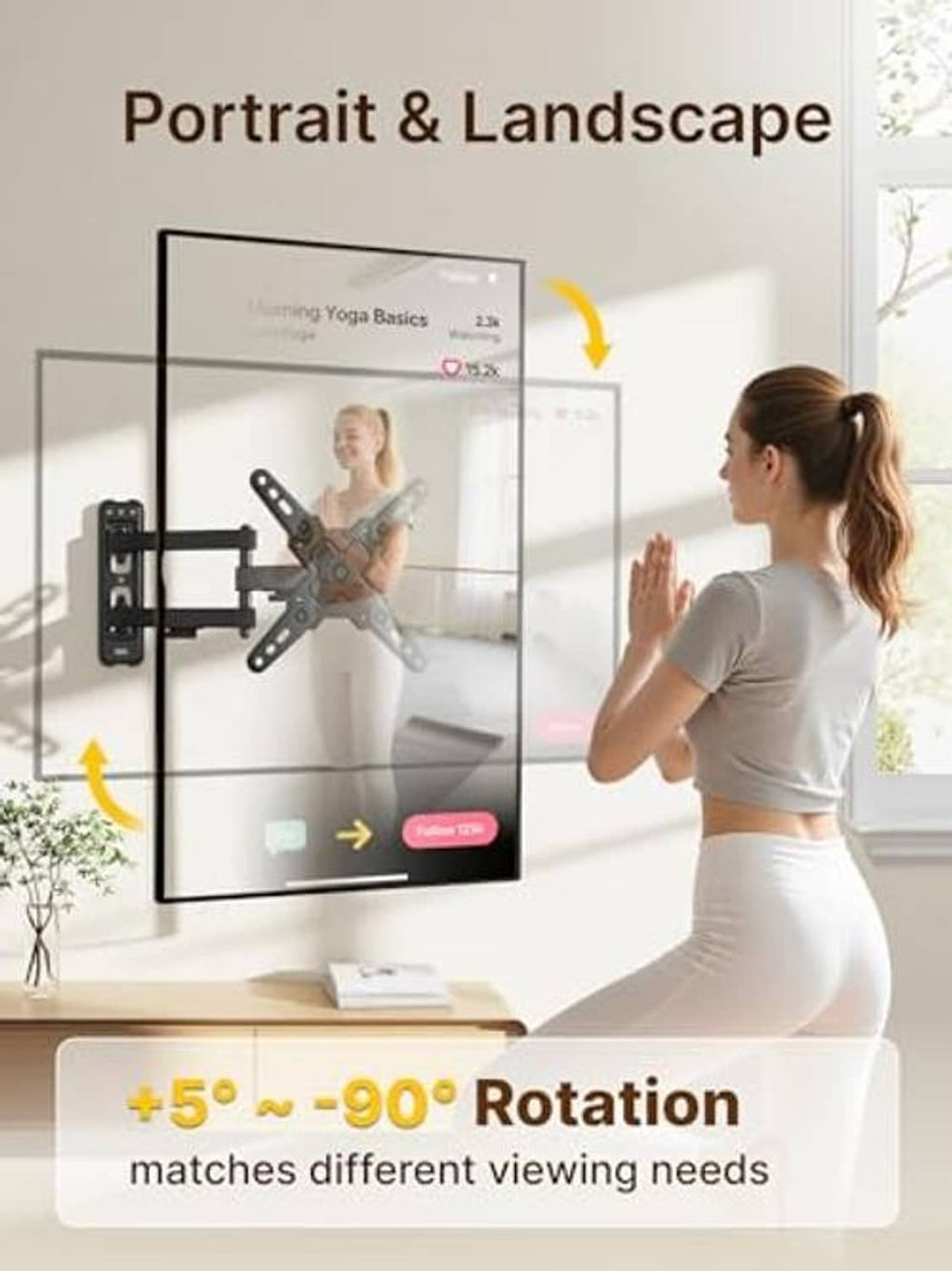 Full motion TV wall mount bracket showing portrait and landscape positioning