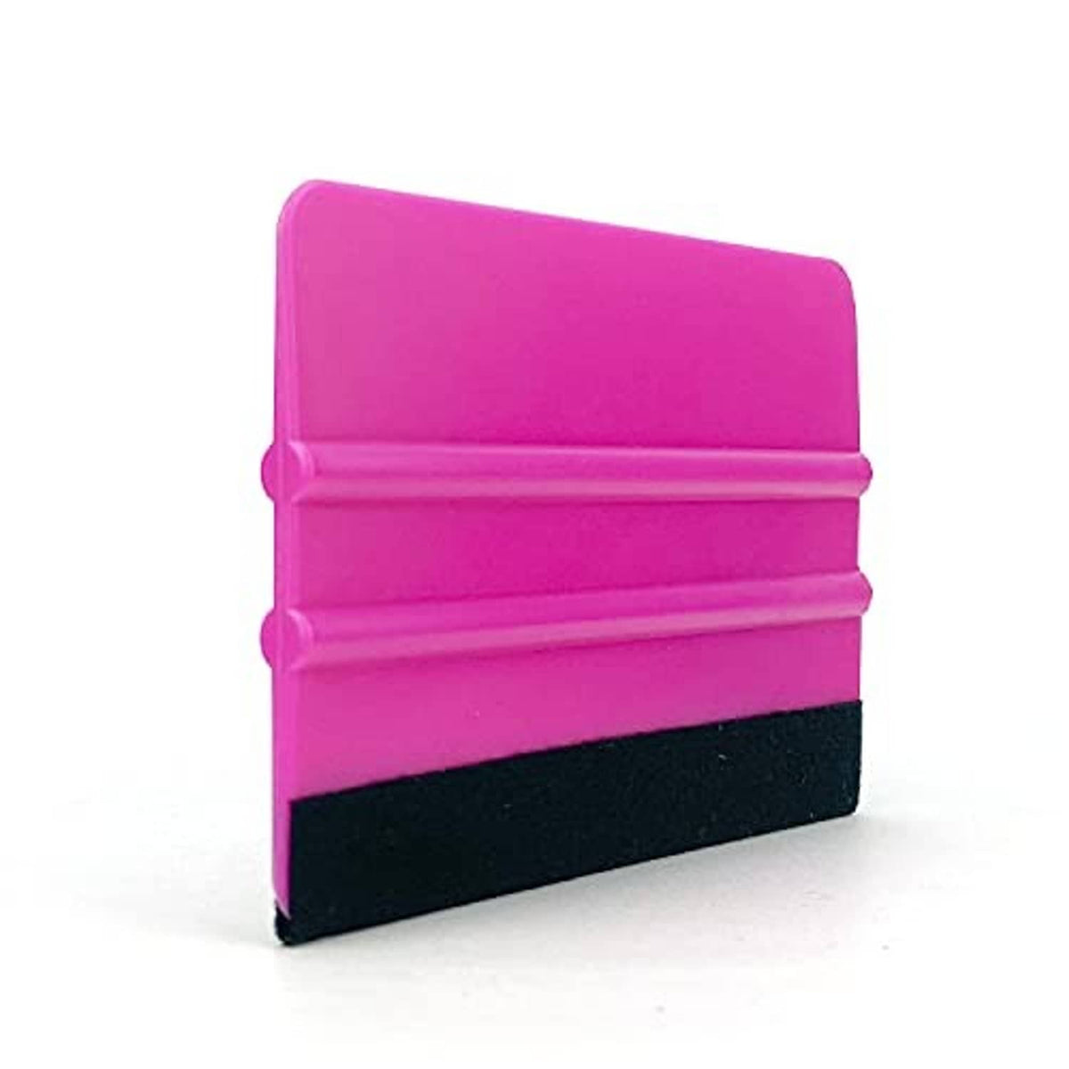 Purple vinyl squeegee tool with a flat handle and black felt bottom edge