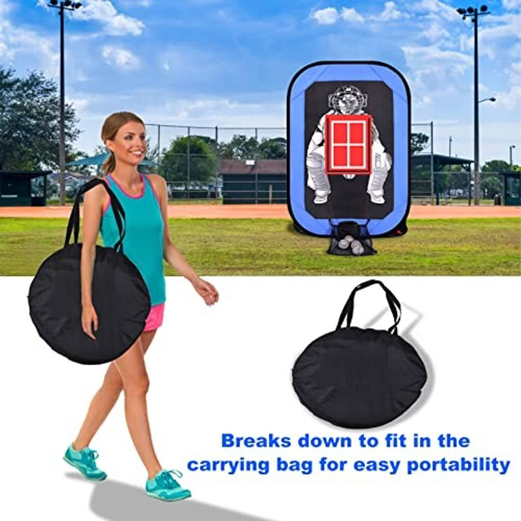 Blue-and-black pitching target net with red strike zone, shown with carrying bag.