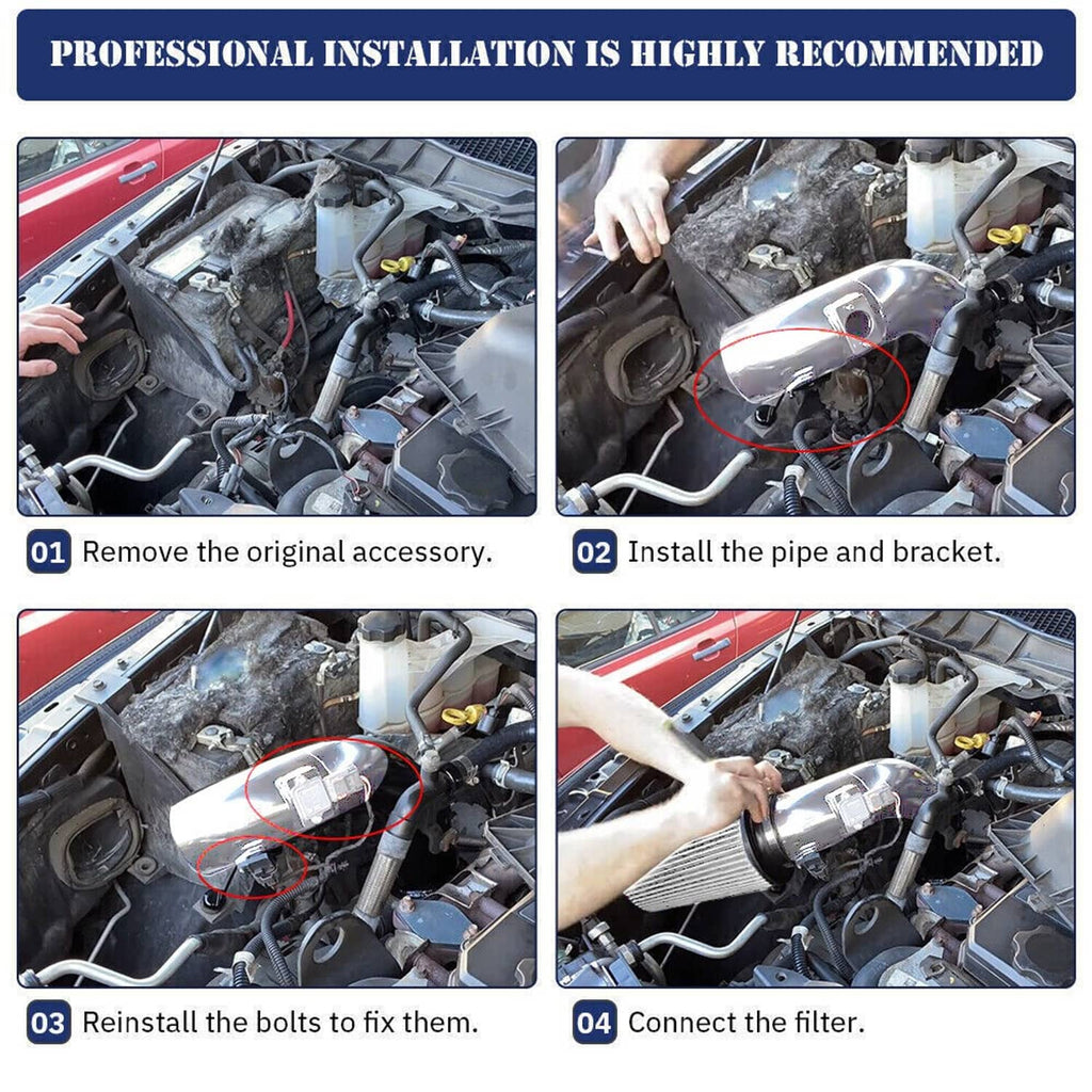 Cold air intake kit installation steps with intake pipe, bracket, and filter on engine