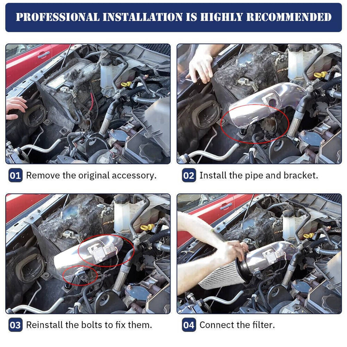 Cold air intake kit installation steps with intake pipe, bracket, and filter on engine