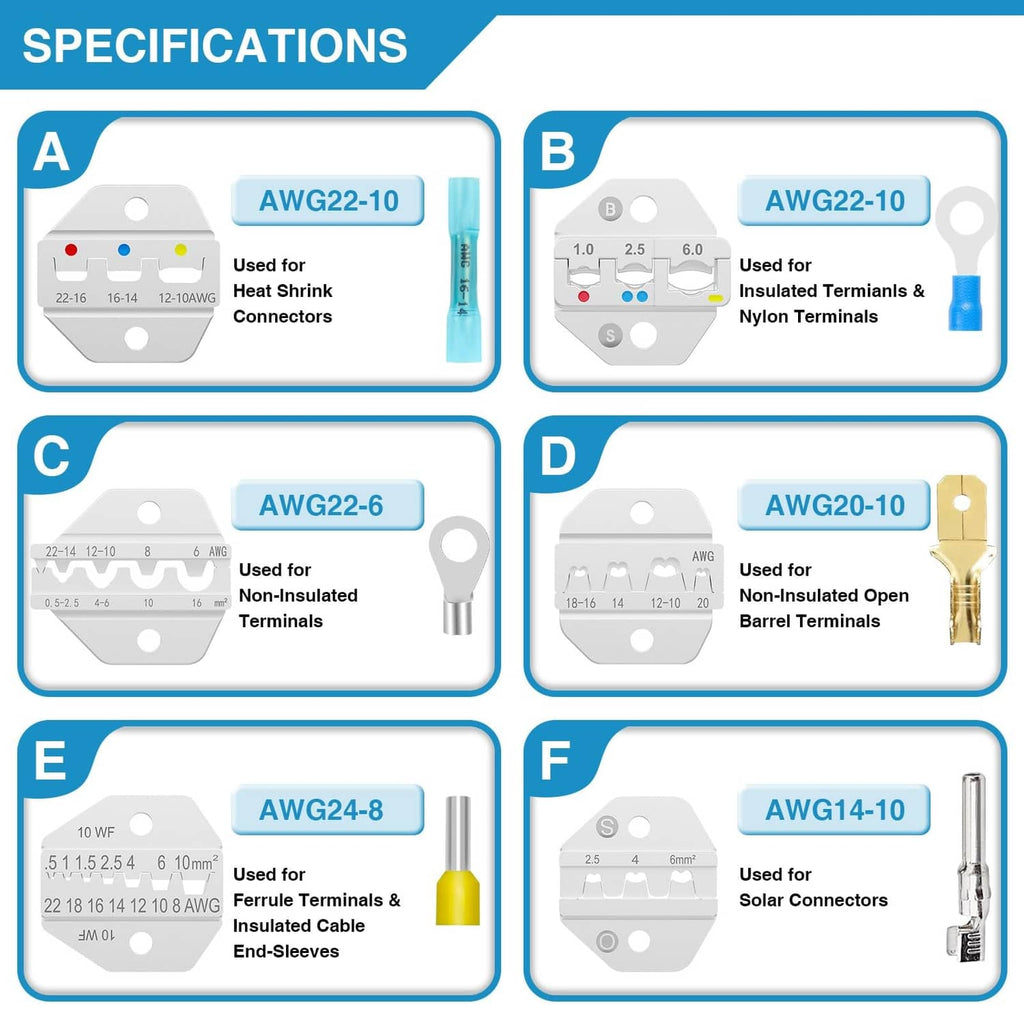 Crimping die assortment in a plastic tray for different AWG terminal sizes