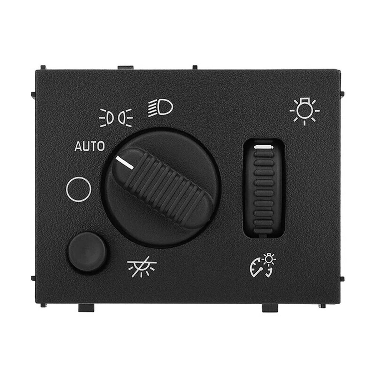 Black headlight switch with large round knob, small push button, and window light icons