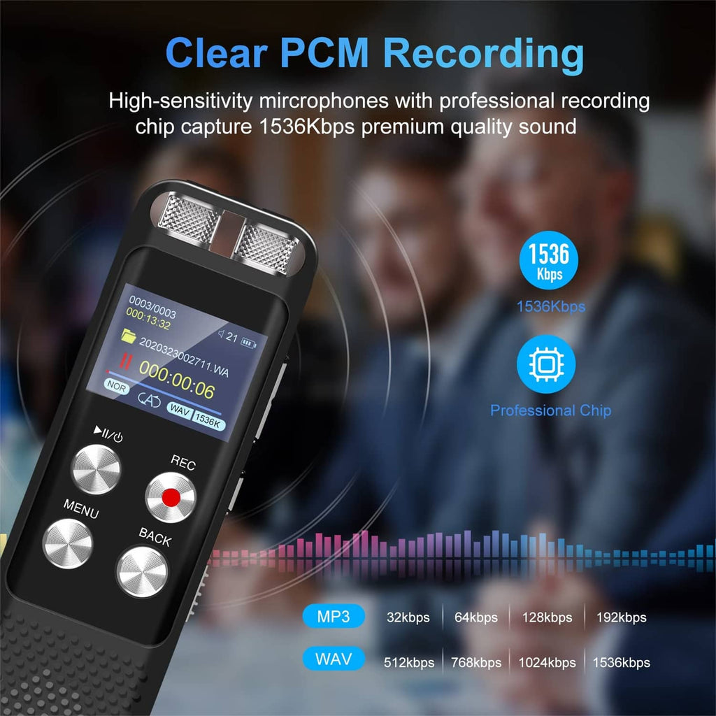 Black digital voice recorder with LCD and mic grille, with waveform-style recording graphic