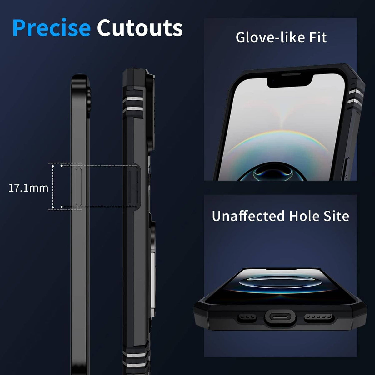 Black rugged iPhone case with precise cutouts and slim side button covers