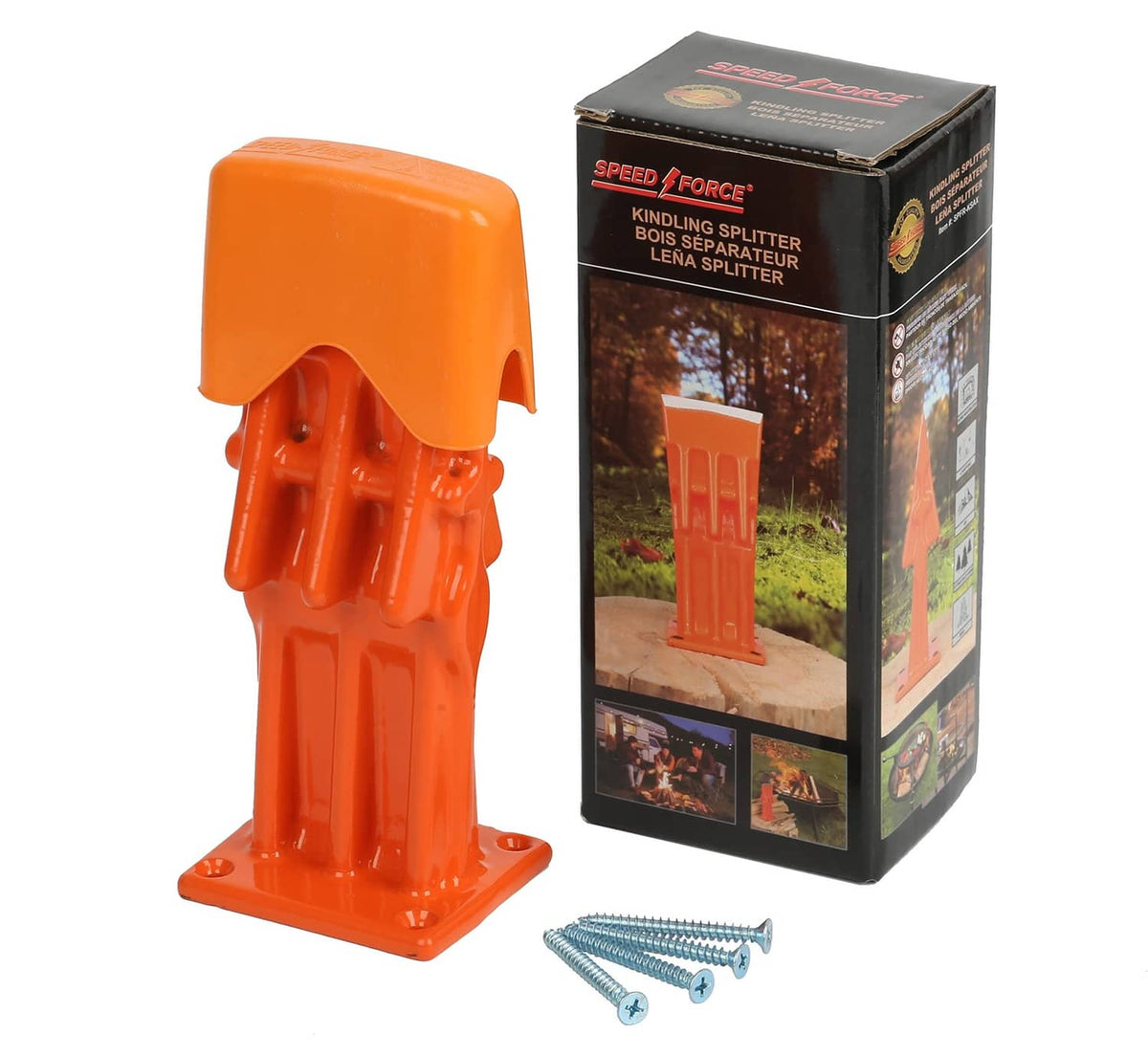 Orange SPEED FORCE log splitting wedge tool beside retail box