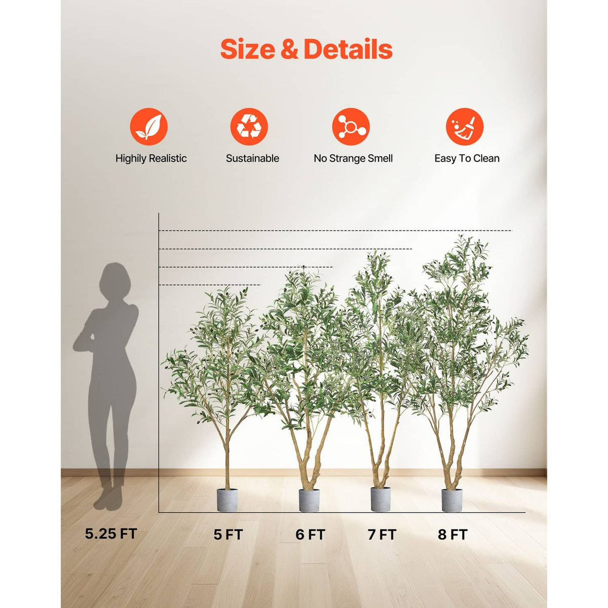 Set of tall artificial olive trees with green foliage in black pots
