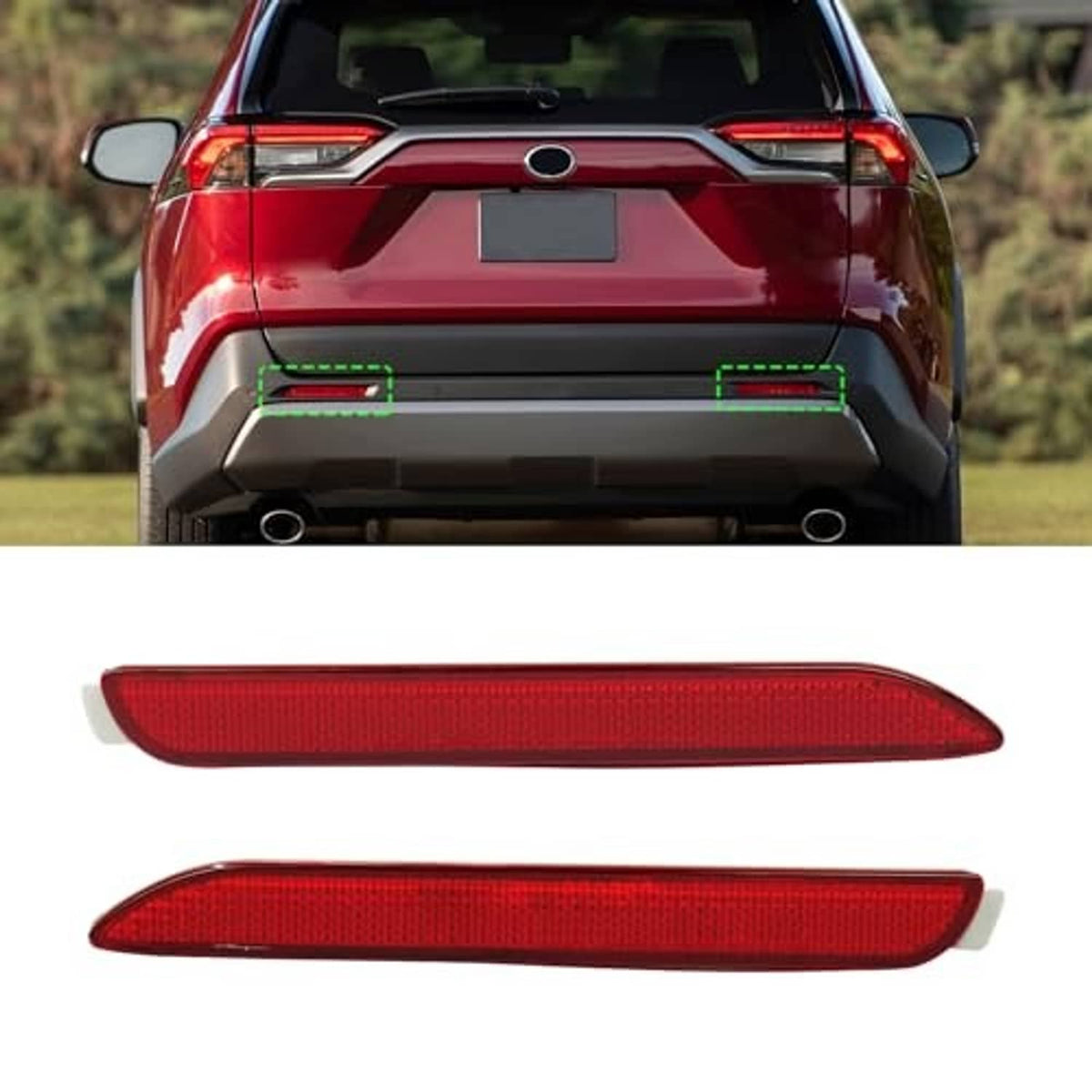Two red rear bumper reflector bars with beige mounting tabs
