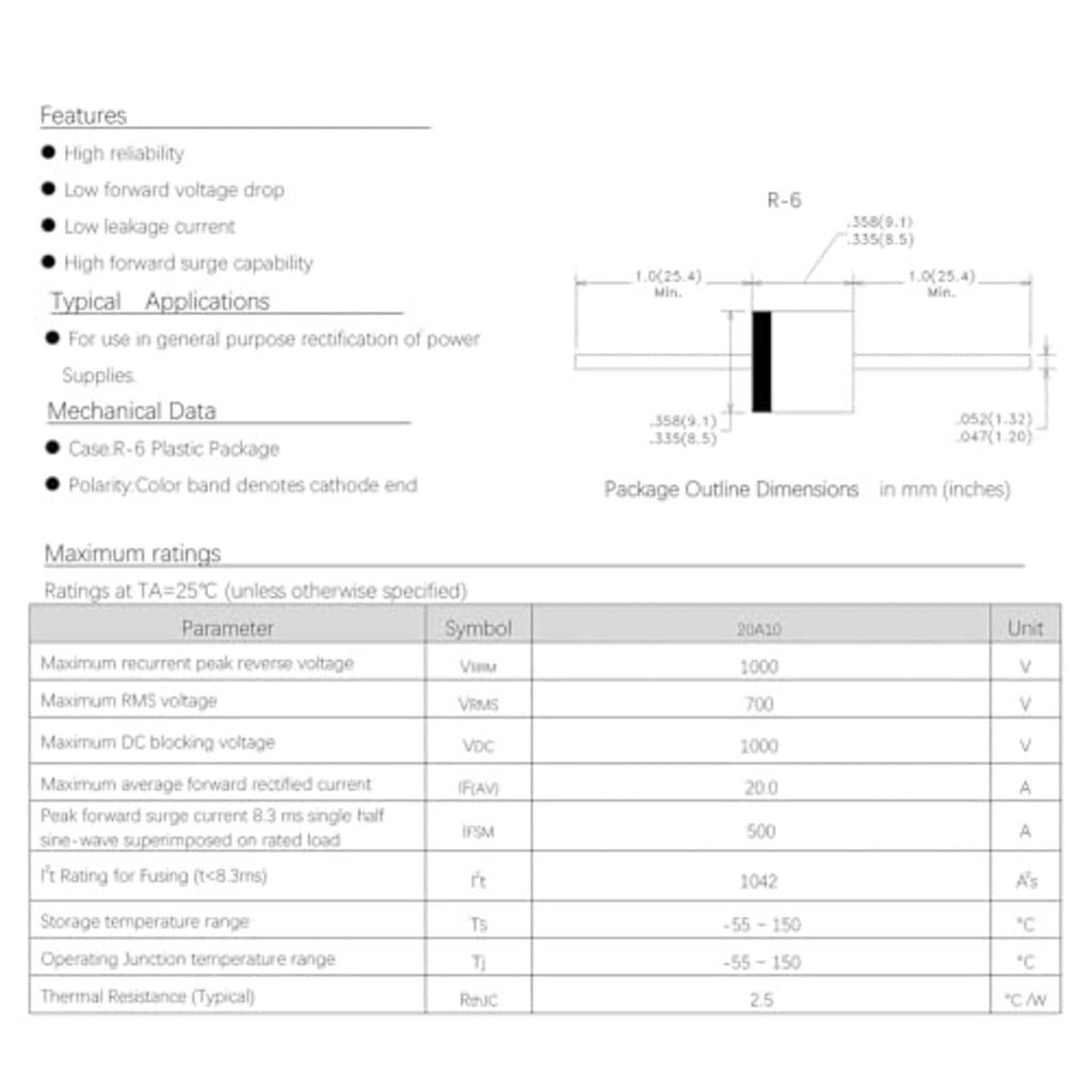 Datasheet page for 20A10 rectifier diodes, features list and package outline dimensions