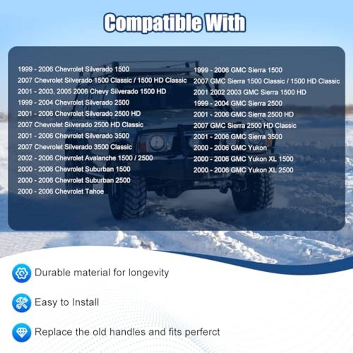 Door handle compatibility chart graphic with snowy background