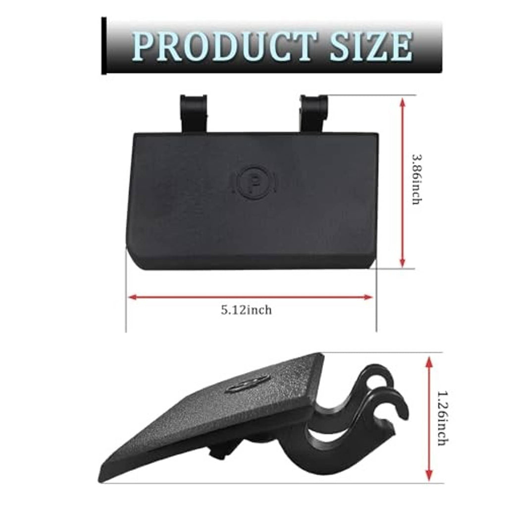 Black parking brake release handle cover with 'P' emblem and two top mounting clips
