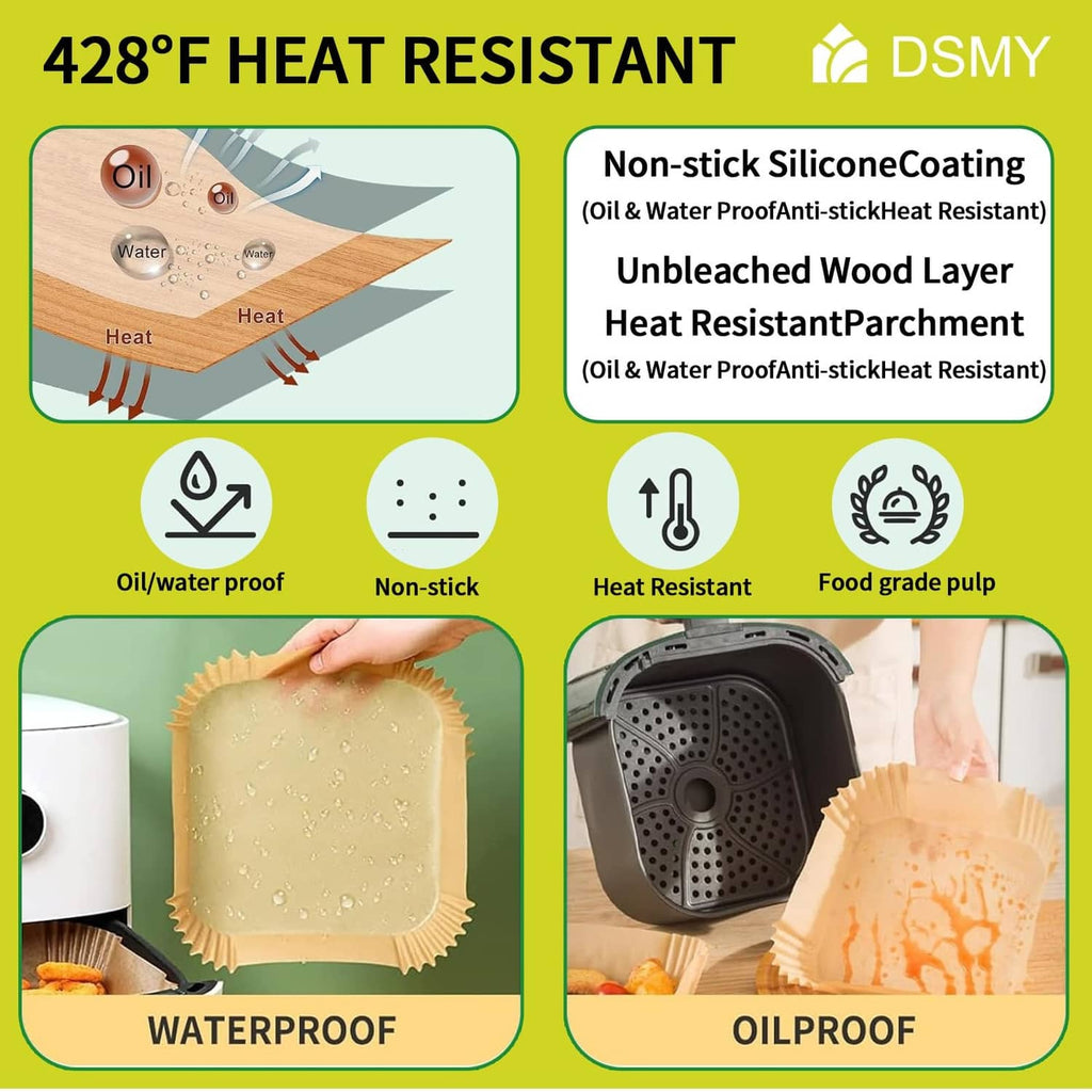 Air fryer paper liners with non-stick coating, oil- and water-proof heat resistant