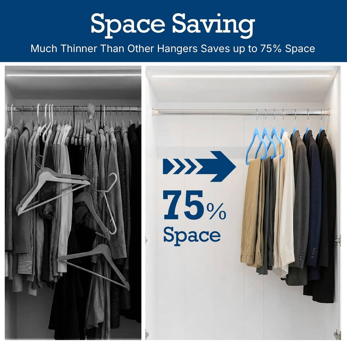 Tranquil-blue velvet hangers with thin profile and silver hooks, neatly hung