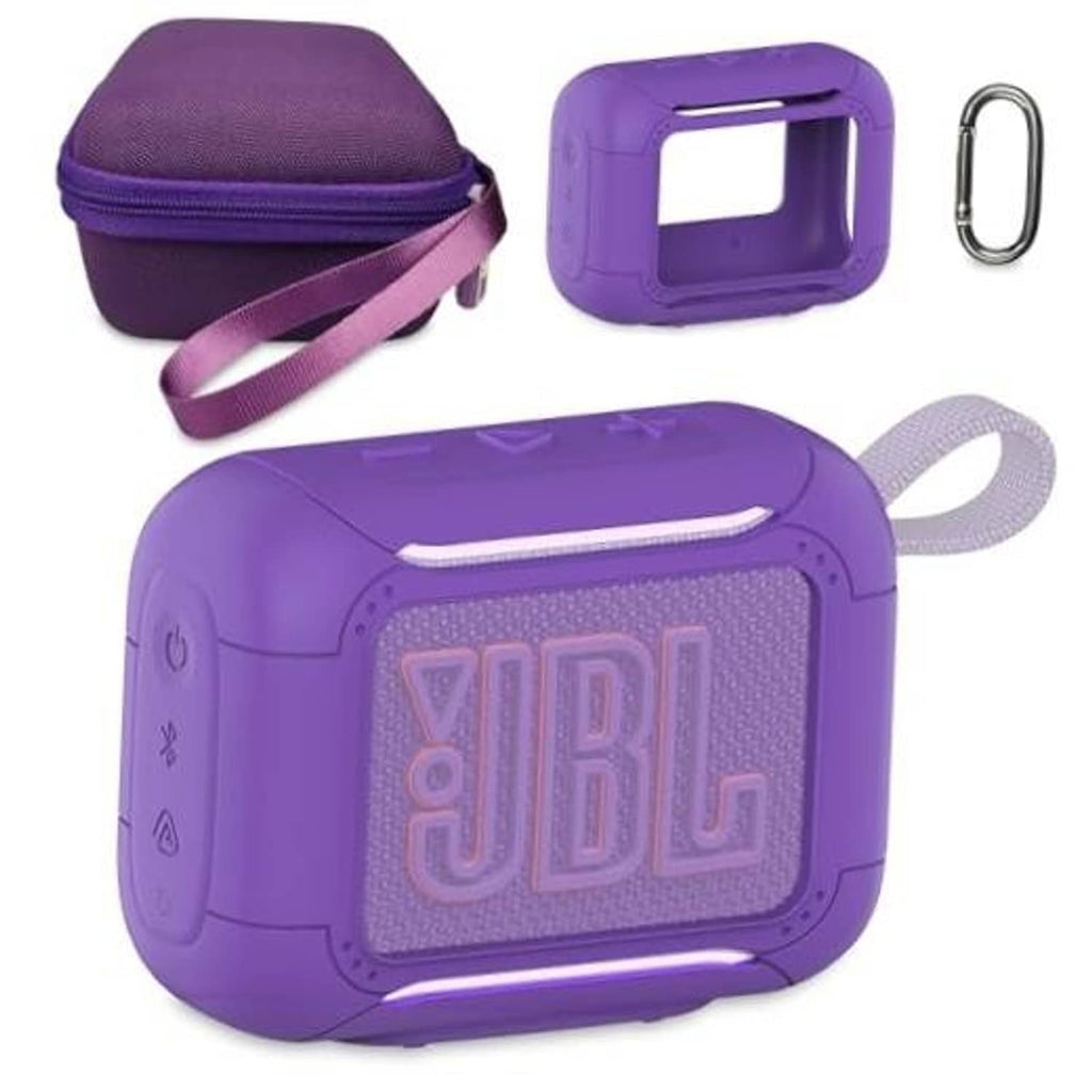 Purple protective speaker case with wrist strap and carabiner loop