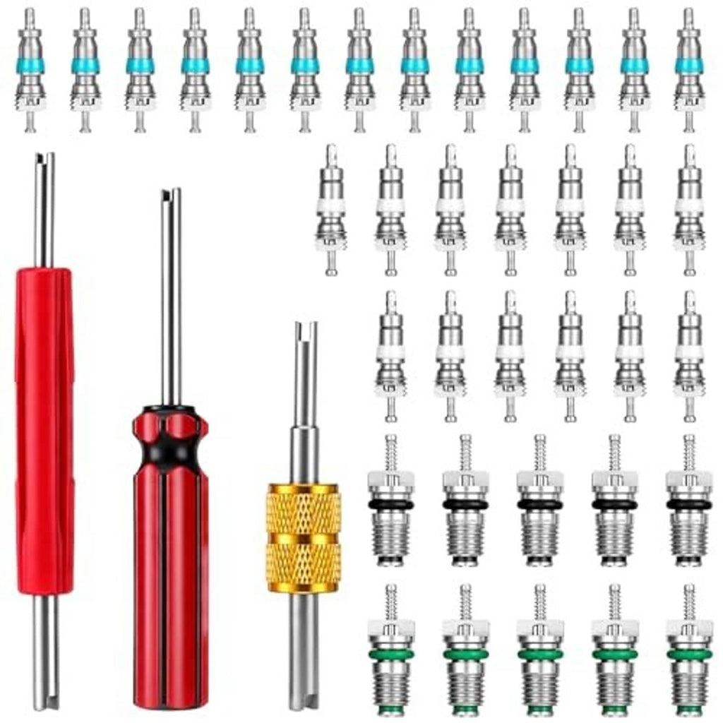 Air conditioning valve core kit showing red-and-silver remover tool and multiple valve cores