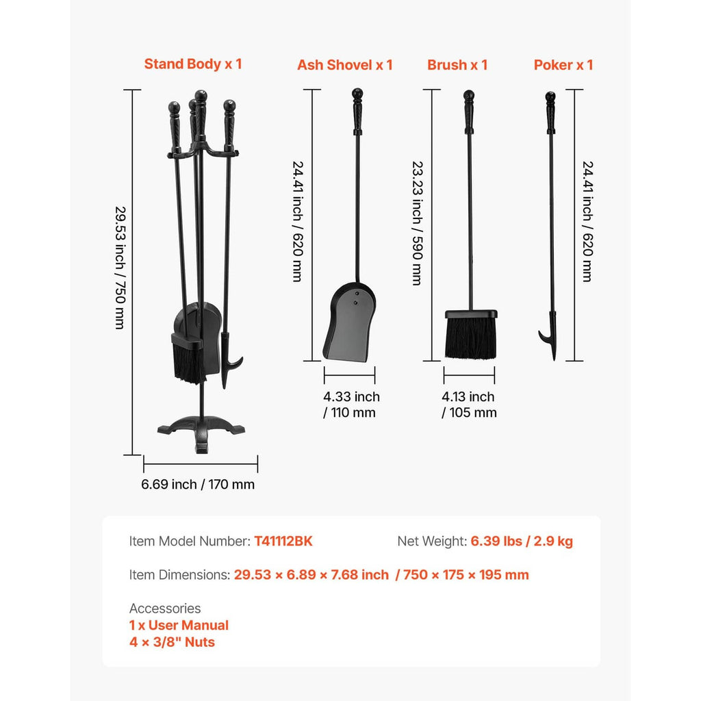 Black fireplace tool set on stand showing poker, tongs, ash shovel, and brush.
