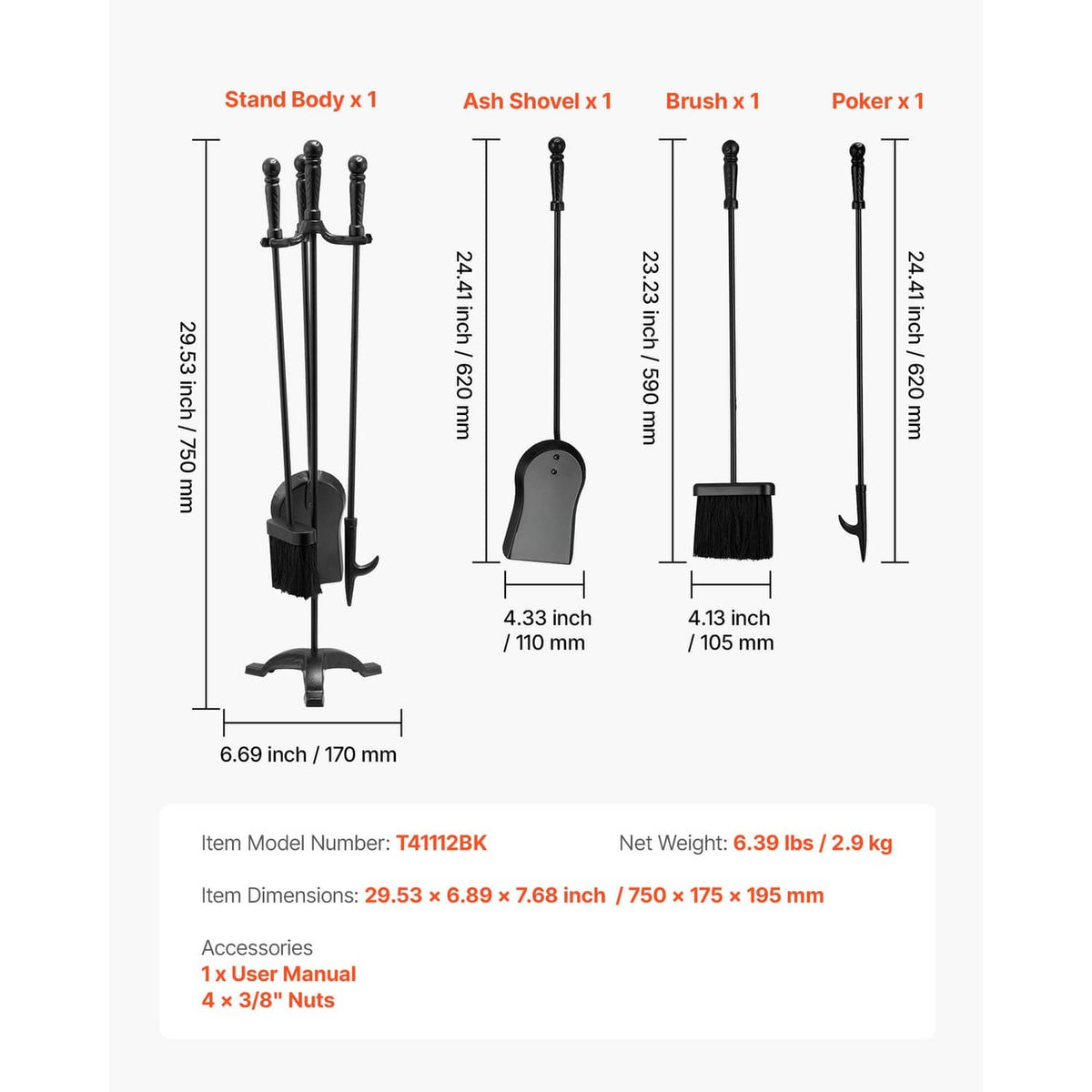 Black fireplace tool set on stand showing poker, tongs, ash shovel, and brush.
