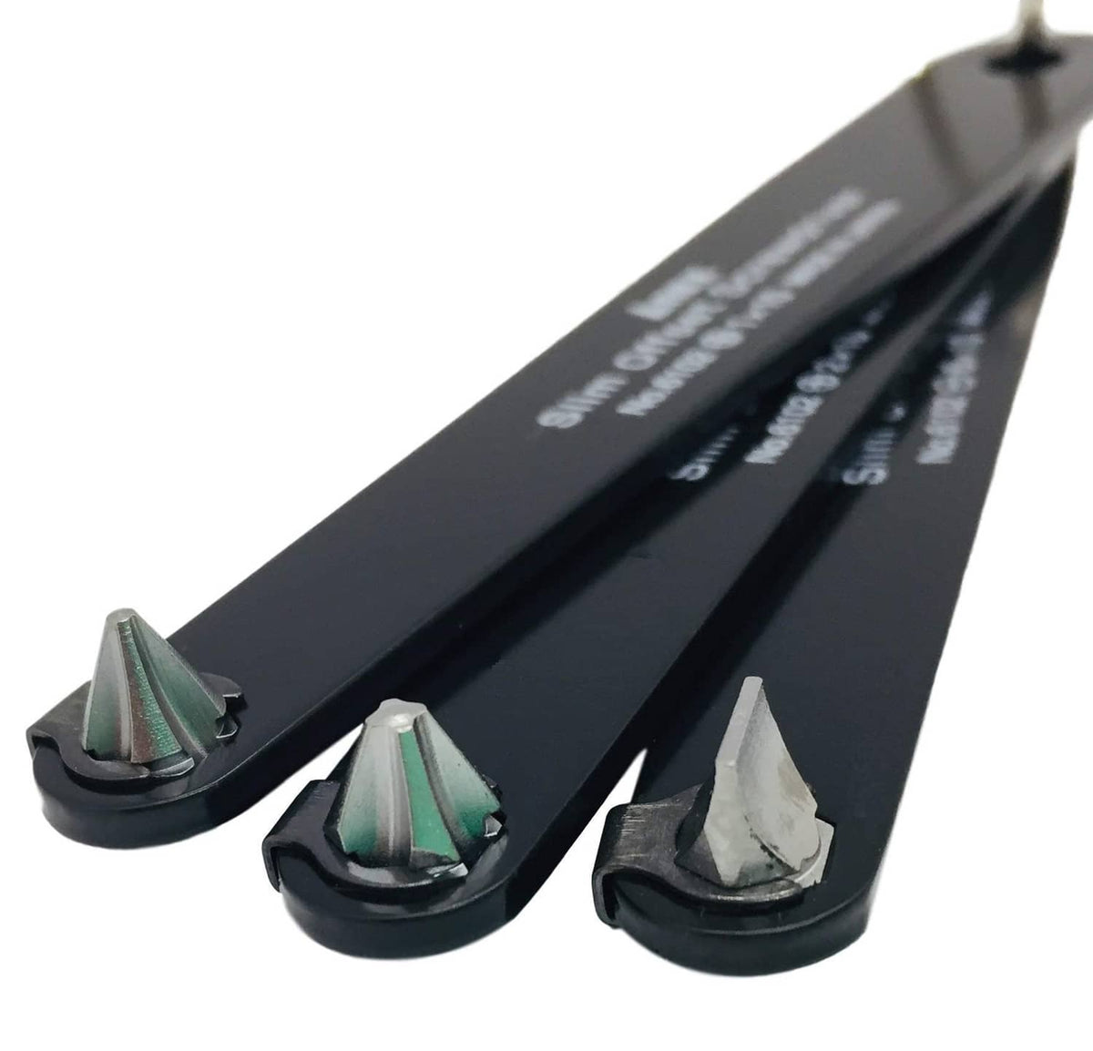 Three slim offset screwdrivers with color-coded bits in black holders