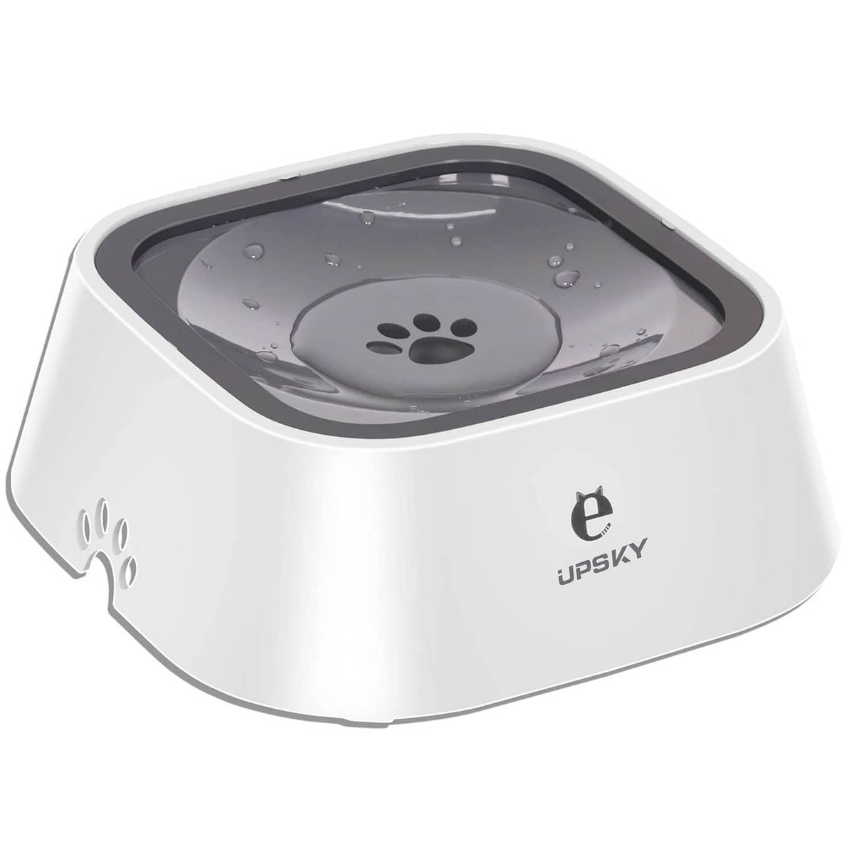 White pet water bowl with black rim, gray floating insert, and paw print icon.