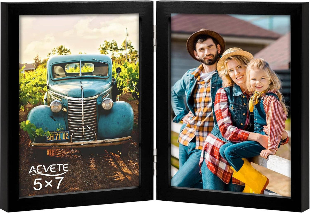 Black double-hinged wood folding photo frame, two-panel front view with family photos